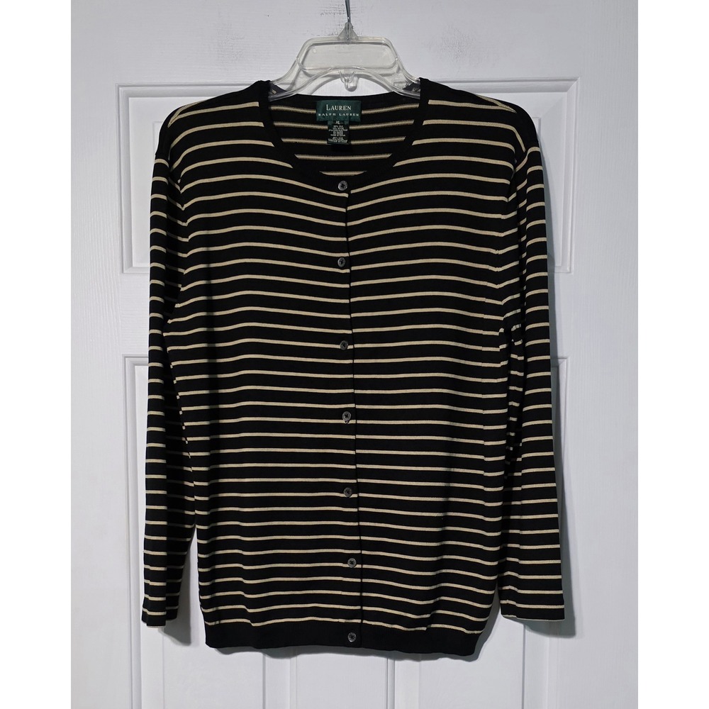 Lauren Ralph Lauren Silk Blend Striped Cardigan Sweater Black Tan XL